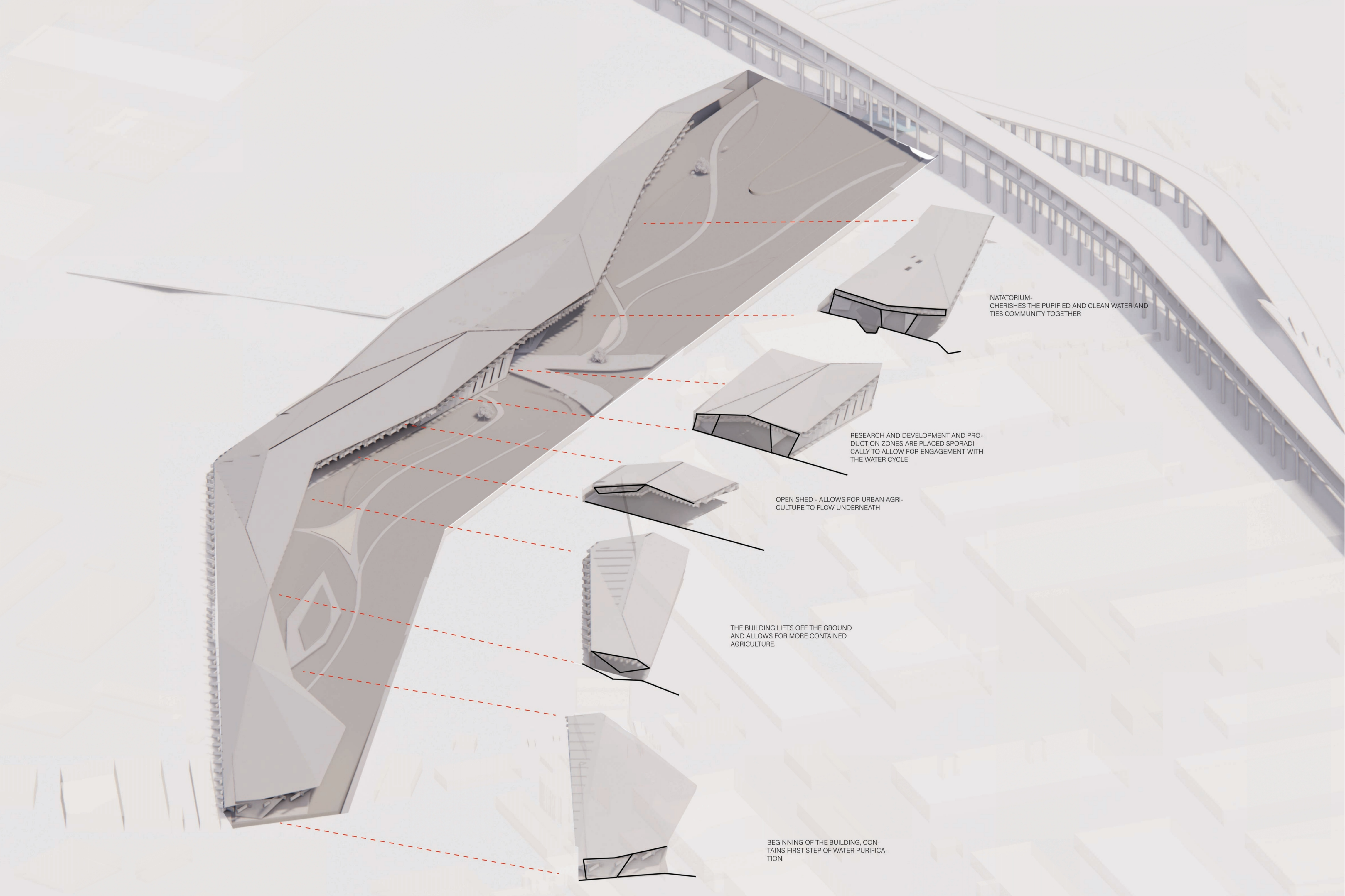 Axonometric Diagram Showing Program as it Progresses Through the Site